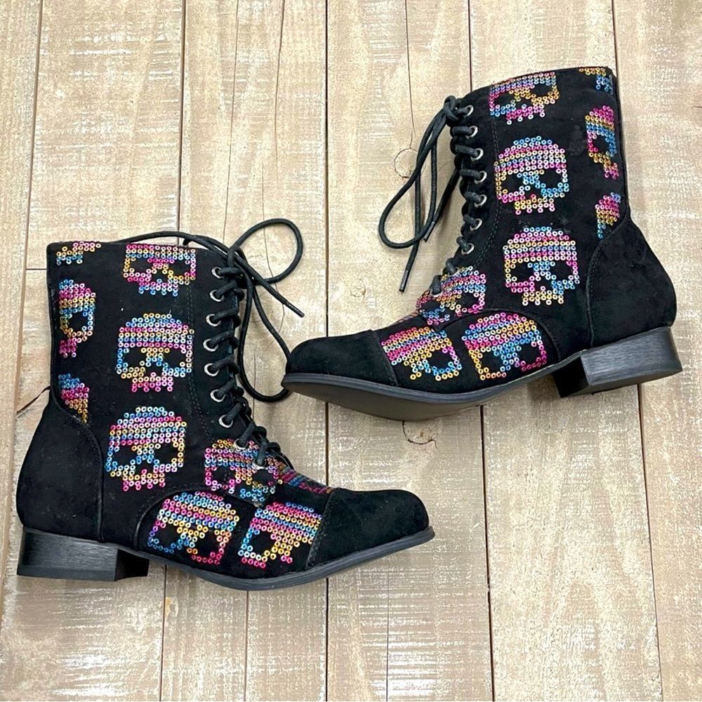Iron Fist Sugar Hiccups Sequin Skull Combat Boots sz 5